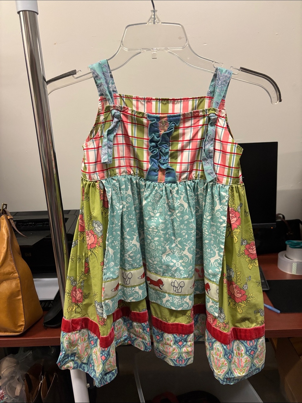 Matilda Jane Green Floral Patchwork Sundress with Coral and Light Blue Accents